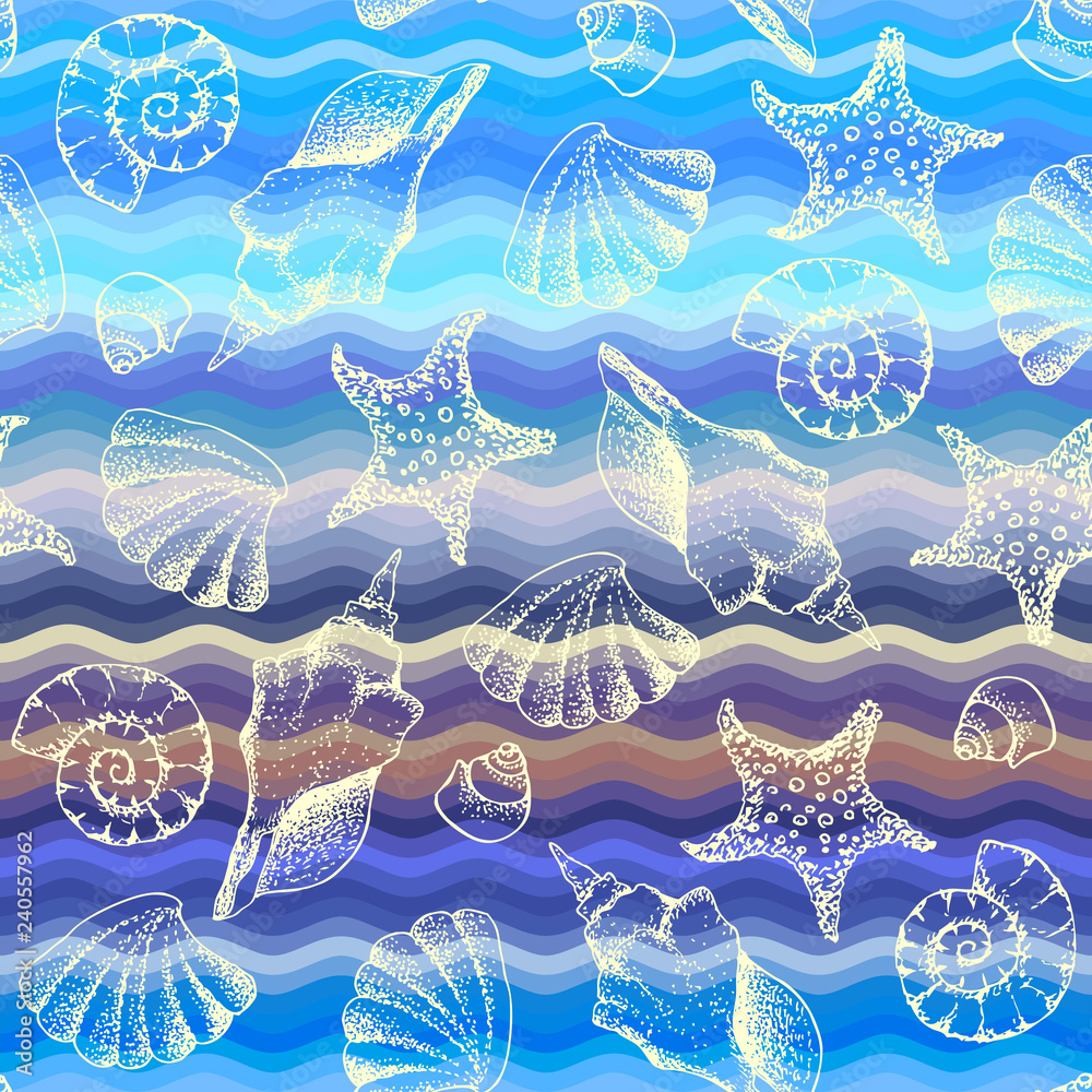 Poster blue waves pattern and hand draw in marine style.