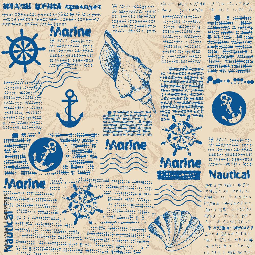 Poster newspaper pattern and hand draw in marine style.