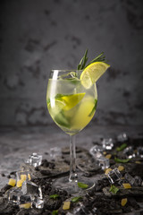 Alcoholic or non-alcoholic cocktail with lemon citrus and ginger with added liqueur, vodka, champagne or martini. Cool drink. Easy Bartenders Recipes and Ideas