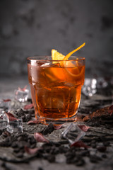 Alcoholic or non-alcoholic cocktail with orange citrus, pomegranate with the addition of liqueur, vodka, champagne or martini. Cool drink. Easy Bartenders Recipes and Ideas