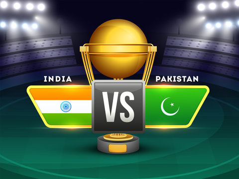 Tournament Participating Countries Flags With Text India And Pakistan And Winning Trophy On Night Stadium Background.