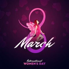 International women's day concept, illustration of stylish lettering of 8 march with young beautiful girl on purple background.