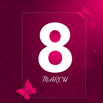 Pink greeting card design decorated with paper cut butterflies for 8 March celebration concept.