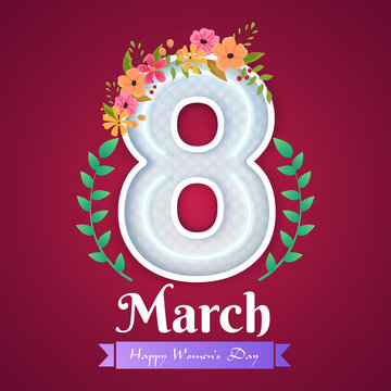 Neon lettering of 8 march decorated with colorful flowers for women's day celebration greeting card design.