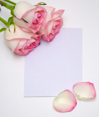 pink roses and postcard pattern and petals on wooden 