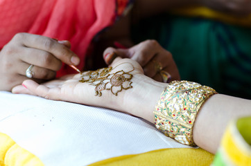 applying henna on hand, Hindu wedding ,Rajasthan, India