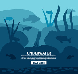 The sea underwater world with silhouettes of small fishes and plants, seaweed. With different animals.In flat style vector. Coral reef and stones at the bottom.Marine life deep in the ocean.