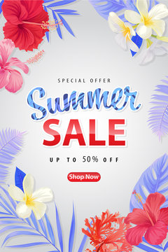 Enjoy summer sale with tropical flower and palm leaf background template. Vector set of exotic tropical garden for web design, voucher, brochures and banners design.