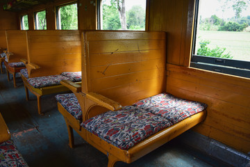 internal design of Thai train on River Kwai Bridge of Kanchanaburi, Thailand