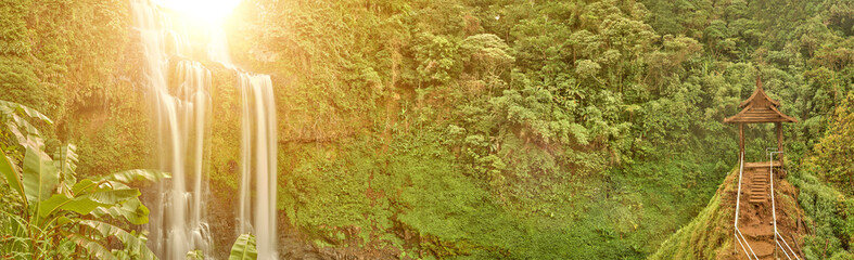 Beautiful waterfall hidden in the tropical jungles panorama
