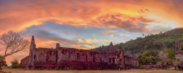 Fototapeta na wymiar View on the south palace of the Vat Phou temple complex UNESCO World Heritage Site at sunset time