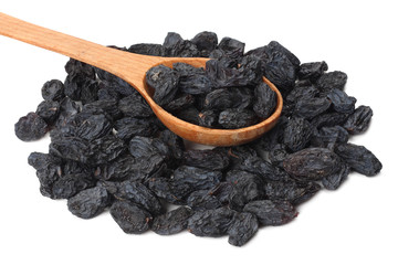 black raisins in wooden spoon isolated on white background