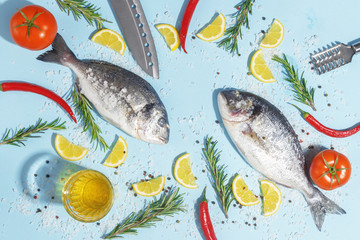 Raw dorada fish with spices, salt, lemon and herbs, rosemary on a ligth-blue background. Top view.