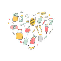 Zero Waste hand drawn illustration with eco icons