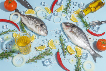 Raw dorada fish with spices, salt, lemon and herbs, rosemary on a ligth-blue background. Top view.