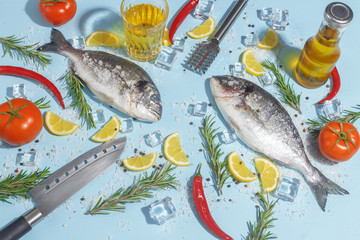 Raw dorada fish with spices, salt, lemon and herbs, rosemary on a ligth-blue background. Top view.