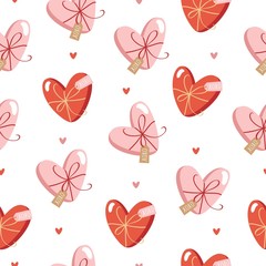 Hand drawn Valentine's Day seamless pattern with cute gift boxes, presents and hearts.