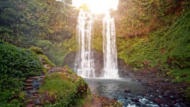 Beautiful waterfall hidden in the tropical jungles zoom in panorama raw shot