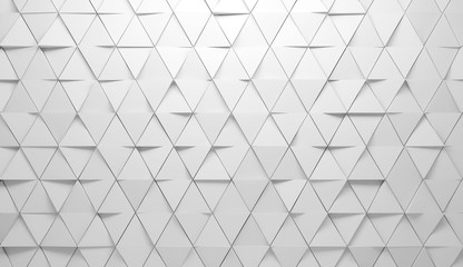 Triangles tiling pattern on front wall, 3d render illustration