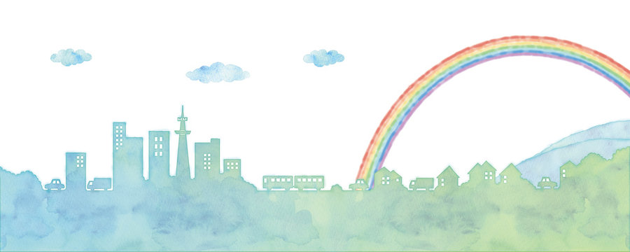 街並みと虹のイラスト