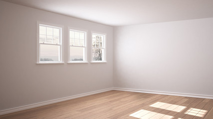 Empty room interior design, open space with three panoramic windows, parquet wooden floor, modern contemporary architecture