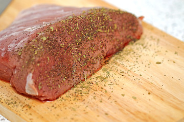 Meat for cooking and frying steaks with spices