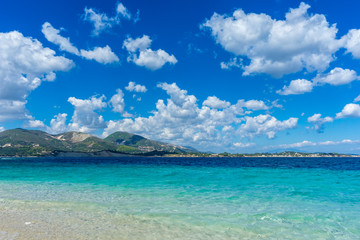 Fototapeta premium Greece, Zakynthos, Paradise like perfect beach and mountainous landscape behind