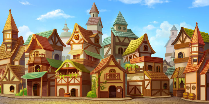 Small Fairy Tale Town. Fiction Backdrop. Concept Art. Realistic Illustration. Video Game Digital CG Artwork. Industry Scenery.
