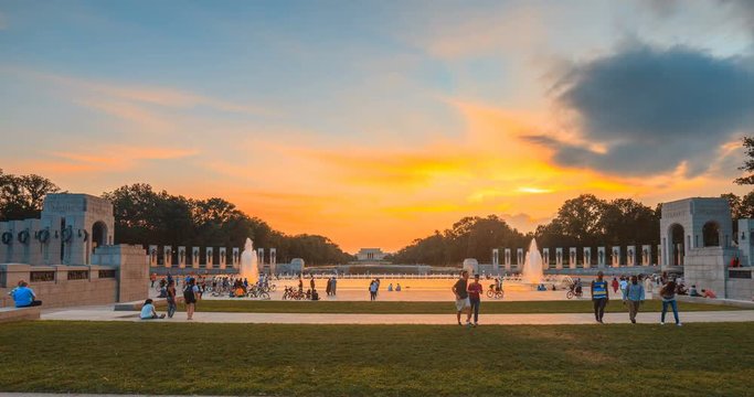 Washington Monument View From WWII Memorial Water Fountain Summer sunset Timelapse Zoom Out