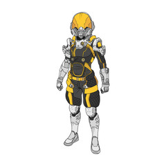 Colorful black, yellow and white space suit with big helmet