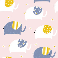 Seamless pattern with funny elephants. Kids trendy print. Vector hand drawn illustration.