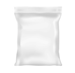 Realistic empty 3D package with zipper. Mock up. Vector template for design, presentation, advertising, promo. EPS 10. Front view. Vertical.