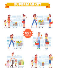Fototapeta premium People Shopping in supermarket big vector set. Big sale. Flat vector illustration. 