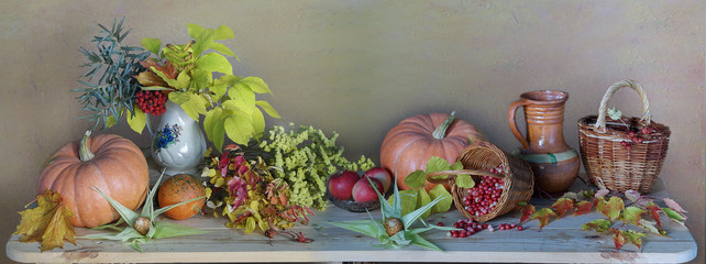 Autumn panorama with pumpkins, apples, tomatoes, grapes, zucchini.Autumn still-life.Thanksgiving day.