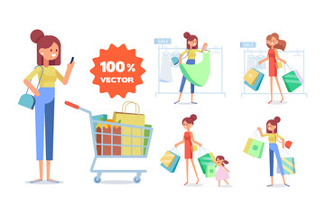 People Shopping in supermarket big vector set. Big sale. Flat vector illustration. 