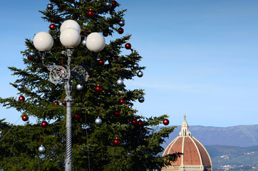 Christmas Tree in Florence at Piazzale Michelangelo with Cathedral of Santa Maria del Fiore on...