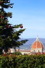 Christmas Tree in Florence at Piazzale Michelangelo with Cathedral of Santa Maria del Fiore on...