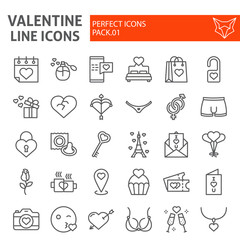 Valentines day line icon set, romantic symbols collection, vector sketches, logo illustrations, love signs linear pictograms package isolated on white background.