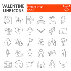 Valentines day thin line icon set, romantic symbols collection, vector sketches, logo illustrations, love signs linear pictograms package isolated on white background.