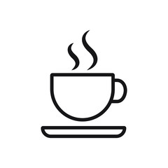 Cup of coffee or tea with steam, vector  line icon black on white.
