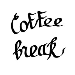 Vector Coffee break handwriting calligraphy. Black and white engraved ink art. Isolated text illustration element.