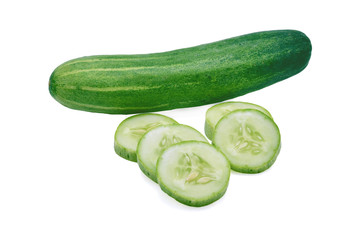 Cucumber and slices isolated on white background