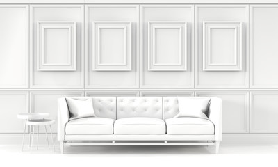 Indoor mockup,white living room with a blank picture frames,  side tables, sofa and cushions.  3D rendering illustration. Real estate, interior design decoration concept.