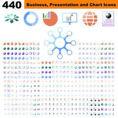 Business infographic, chart, presentation, report and visualization elements with color. Concept of business, finance and corporate status reporting. Coloured icon set.