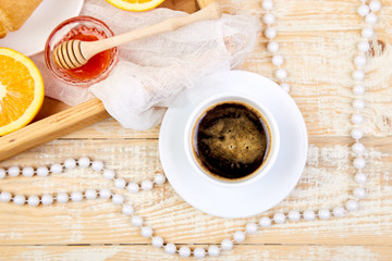 Good morning. Continental breakfast on ristic wooden background.