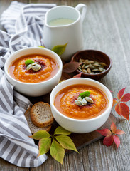 Bowls of pumpkin soup