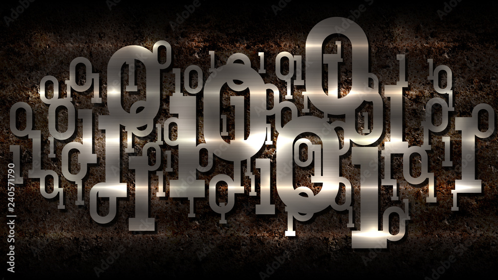 Poster metal shiny binary code, rusted dark background with digital binary code, big data, cloud service, m