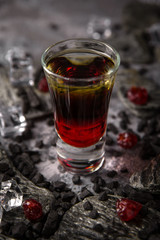 Alcoholic cocktails in shot glasses (shooters). Avalanche. Cool drink from strong vodka, whiskey and sweet liqueurs. Easy Bartenders Recipes and Ideas