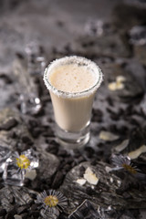 Alcoholic cocktails in shot glasses (shooters). Kamikaze. Cool drink from strong vodka, whiskey and sweet liqueurs. Easy Bartenders Recipes and Ideas