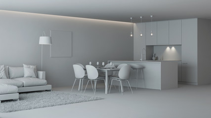 Modern house interior. Gray interior.  3D rendering.